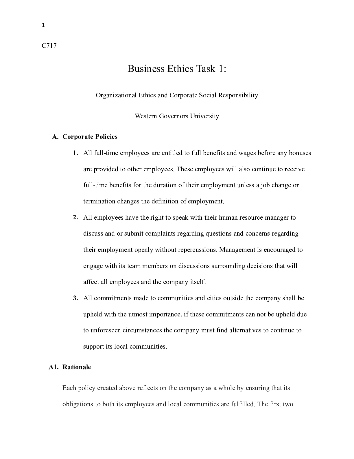 Preview of C717_Task_1_273.docx  C717  Business Ethics Task 1:  Organizational Ethics and Corporate S